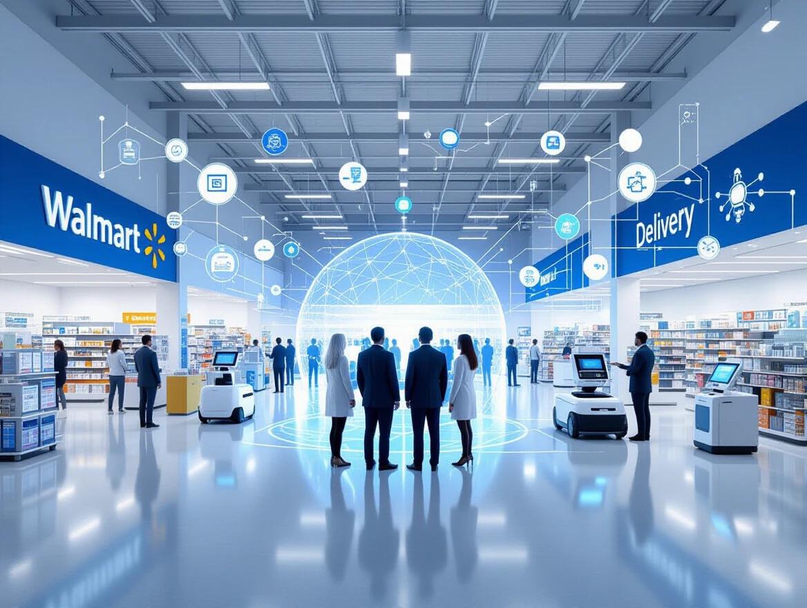 Bright modern digital composition showing retail store evolving into tech hub. Left is traditional Walmart store with realistic layout. Right side features advanced tech elements with generative AI icons and robots. Human silhouettes representing leadership stand in center bridging both sections. Background is clean light color emphasizing change and innovation.