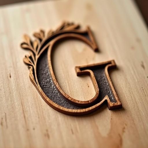 Realistic close-up photo of an engraved capital letter G on a light wood surface with carved leaf detail. Dark engraving contrasts with warm wood grain. Soft natural lighting, shallow depth of field, blurred background focuses on letterform.