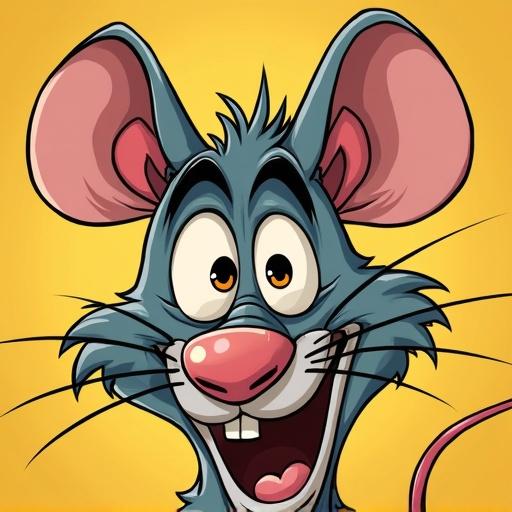 A cartoon rat head with a crazy and goofy expression. The rat has large ears, a cheerful smile, and a colorful design against a bright background.