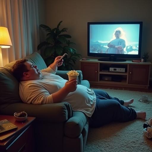 Image of a man lying on the couch watching TV holding a remote and popcorn in a messy room