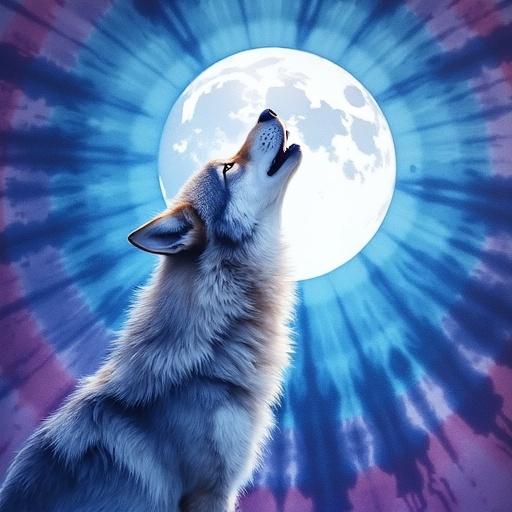 Vibrant all-over t-shirt design with a blue and purple tie-dye background featuring a watercolor-style wolf howling at the moon in soft tones. Wolf blends into the tie-dye pattern with brushstrokes. High-resolution design optimized for sublimation printing.