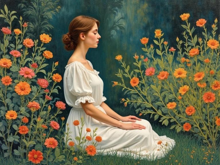 Woman seated in a meditative pose surrounded by vibrant flowers in a garden. The setting exudes tranquility and calm. Emphasis on spiritual symbolism and harmonious forms in the composition.