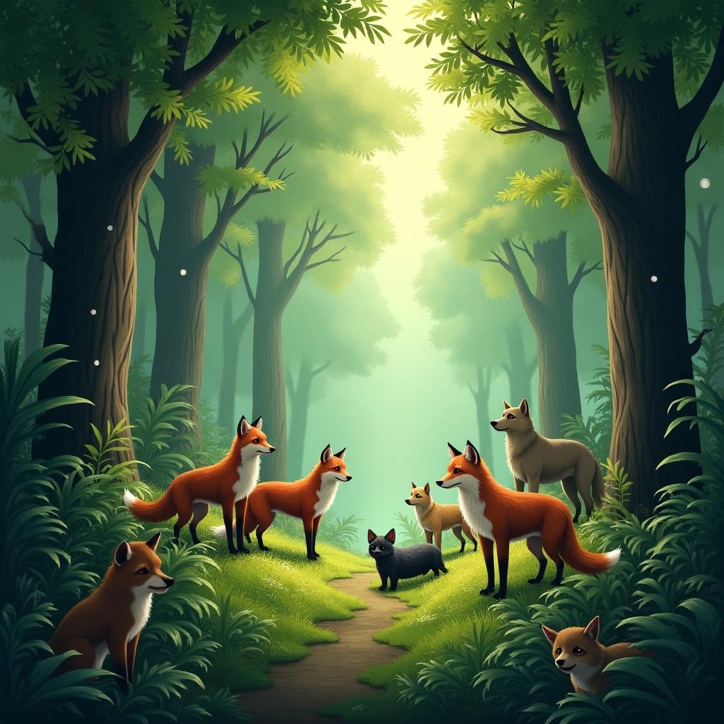 Scene depicting an enchanted forest. Various mythical creatures including foxes, cats, and wolves gathered along a forest path. Lush greenery with magical lighting creating a mystical atmosphere.