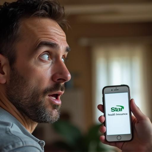 A man in side profile shows a surprised and impressed expression. Another person’s hand displays a smartphone with Star Health Insurance on the screen. Indoor setting with warm lighting enhances authenticity.