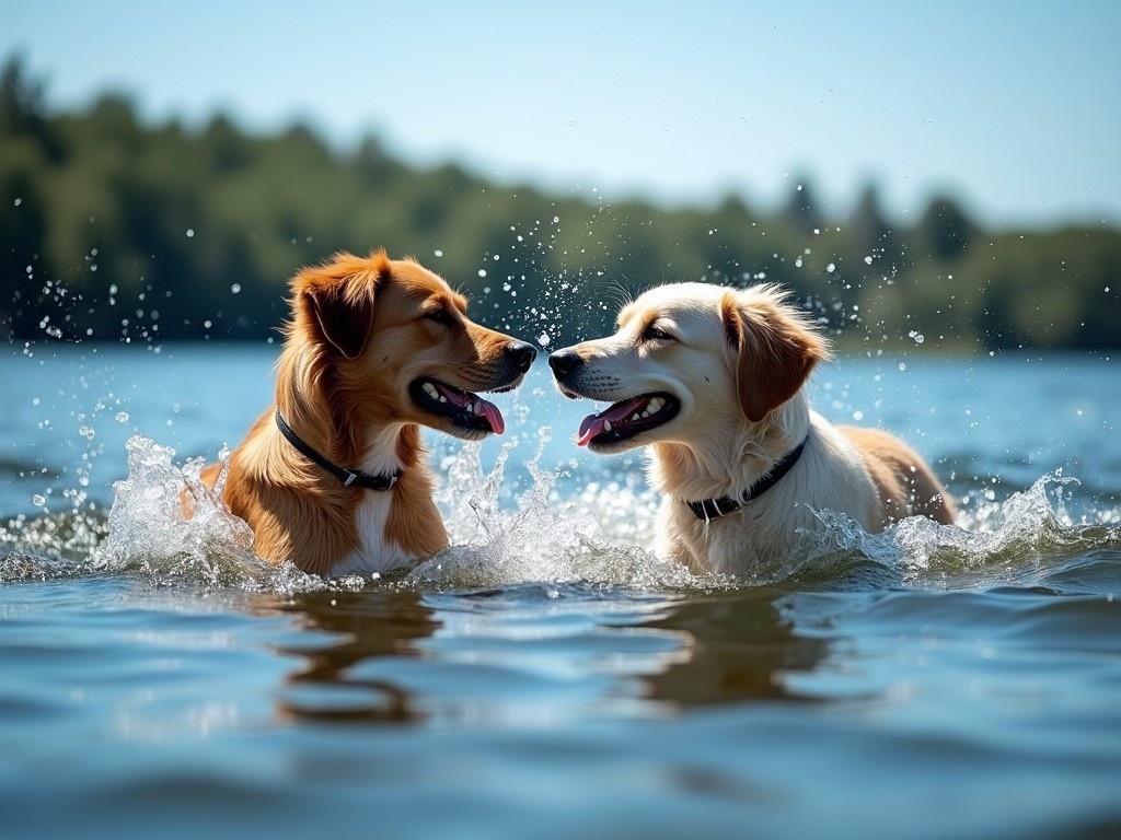 The image features two playful dogs swimming and splashing water at each other. Both dogs are enjoying the cool water on a bright sunny day. Their fur glistens in the sunlight as they interact joyfully. The background showcases a serene lake surrounded by greenery. This scene captures the essence of fun and companionship among pets. The overall atmosphere is lively and cheerful.