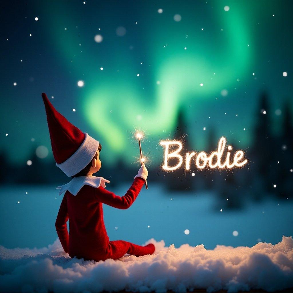 This image showcases an elf on the shelf positioned with its back to the viewer, facing a beautiful dark sky filled with vibrant northern lights. The elf, holding a magic wand, is elegantly writing the name 'Brodie' in sparkling letters against the backdrop. The snowy ground adds a serene touch to the magical scene, enhancing the winter atmosphere. The colors in the sky glow with shades of green and blue, complementing the festive red outfit of the elf. Overall, the image captures the wonder of Christmas and the joy of the holiday season.