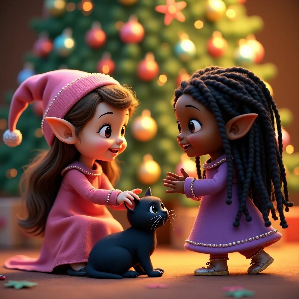 Whimsical elf girls interact with a black cat near a Christmas tree. One girl in pink pets the cat while the other in purple dances joyfully. Cozy, festive atmosphere.