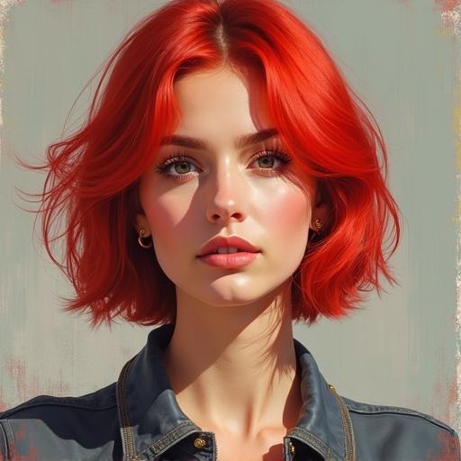 Portrait of a woman with red hair in an expressionist style created with thick brush strokes in oil pastel.