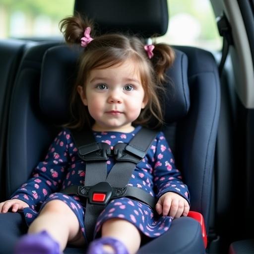 Photo of a paralyzed girl with dark hair, two braided pigtails, a dark blue dress with pink patterns, and purple sandals. The girl is safely buckled up in a child seat in a car.