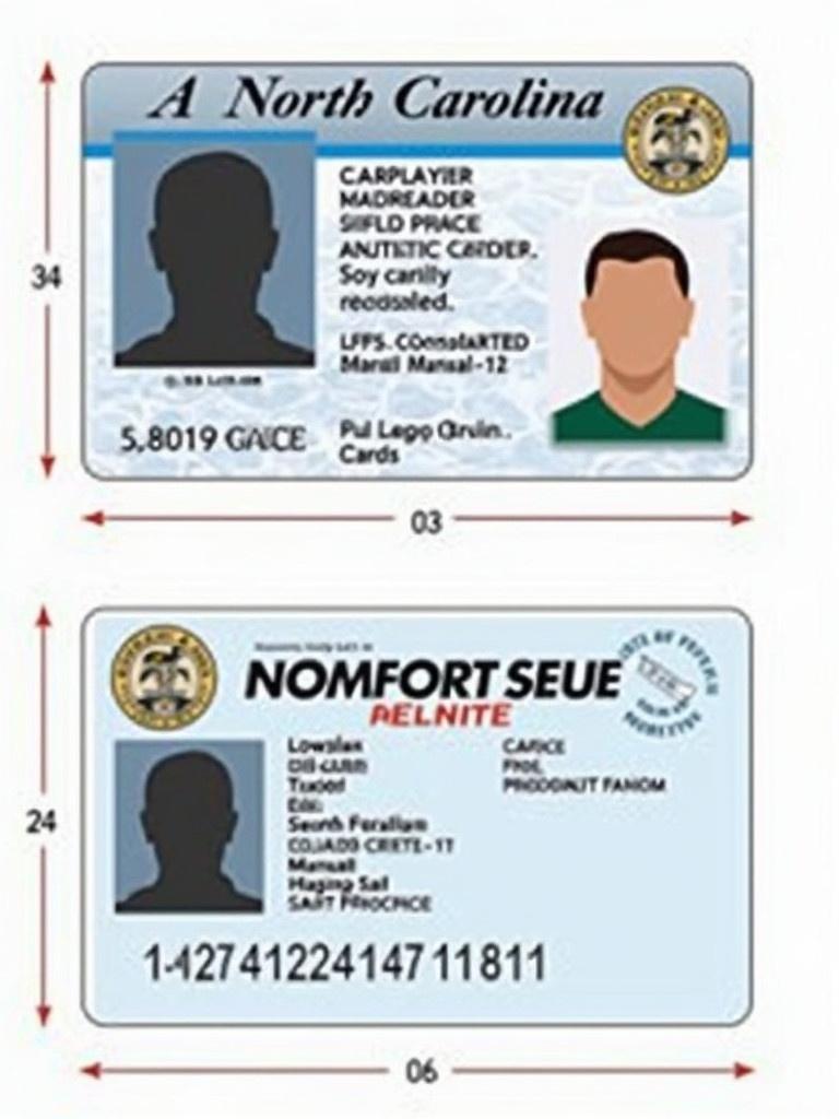 Design of a North Carolina identity card showing front and back. Features state seal and cardholder photo. Includes security elements like hologram and microprinting. Card dimensions follow standard size guidelines with readable fonts and a clear structure.