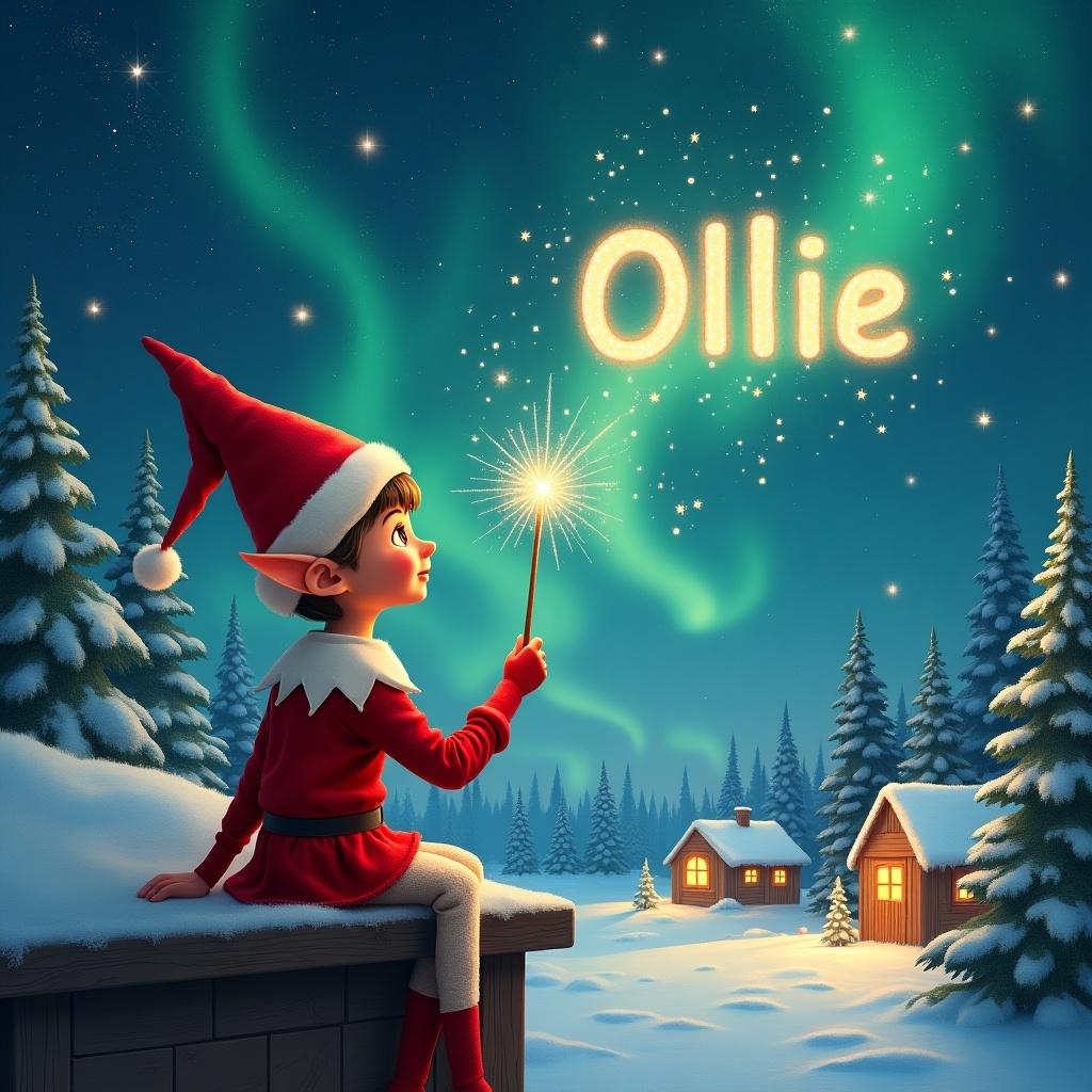 An elf sits on a wooden ledge with its back to the camera, gazing at a magical sky. Dressed in a red outfit with a pointed hat, the elf holds a sparkling wand. With the wand, the elf writes the name 'Ollie' in the starry sky. The scene is painted with a snowy landscape, charming little houses, and evergreen trees under shimmering Northern Lights. This whimsical depiction captures the essence of childhood magic and Christmas cheer. The elf elegantly adds the names 'Ollie' in the same starry sky, enriching the magical atmosphere.