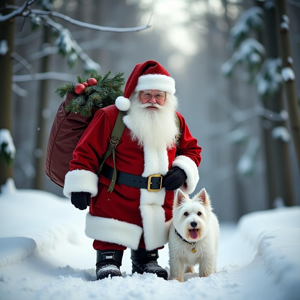 Santa Claus wears holiday attire with a backpack. He stands in snow beside a white highland terrier. The background is a snowy forest. The scene is festive and cheerful.