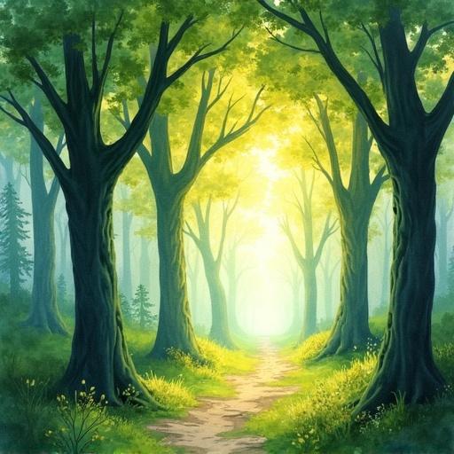 Forest full of big trees filled with bright light. The scene features a pathway leading through the trees in a watercolor style.