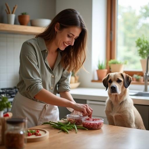 Woman prepares dog food with fresh ingredients in a clean kitchen. Raw meat vegetables are mixed in containers. Dog sits patiently nearby. Bright soft lighting creates a cozy atmosphere.