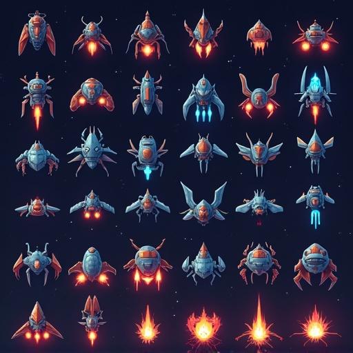 Sprite sheet containing a variety of sci-fi ships and space monsters. Ships are designed for a 2D shooter game. Each sprite showcases unique designs and colors. Includes alien bugs and futuristic spacecraft. Ideal for game development.