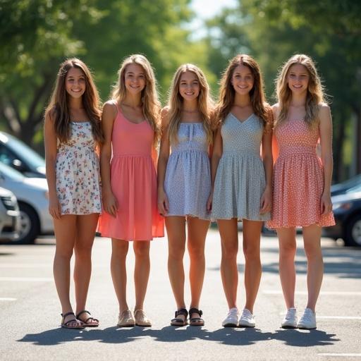 Group of teenage girls standing outside in a parking lot. Each girl wears a distinct summer dress in various colors and designs. The girls are also in fashionable footwear.