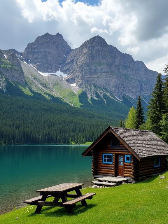 Picture shows a log cabin beside a mountain lake. Cabin made of logs with blue-trimmed windows is in the foreground. There is a wooden picnic table on green grass. The calm lake reflects mountain landscape. Mountains have snow patches and vibrant green forests. The sky has clouds suggesting changing weather. Scene captures wilderness tranquility nicely.