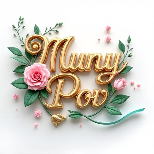 Luxurious 3D text design of 'Muny Pov' with metallic gold lettering. Decorative flourishes and embellishments. Large pink rose above letters, delicate green leaves. Smaller pink rose to the right. White background with soft gradient effect. Green leaves and stems curling around text. Teal-colored ribbon element curves. Small pink dots add whimsy. Subtle shadows create dimensional effect. Romantic, elegant aesthetic with gold, pink, green, and white colors.