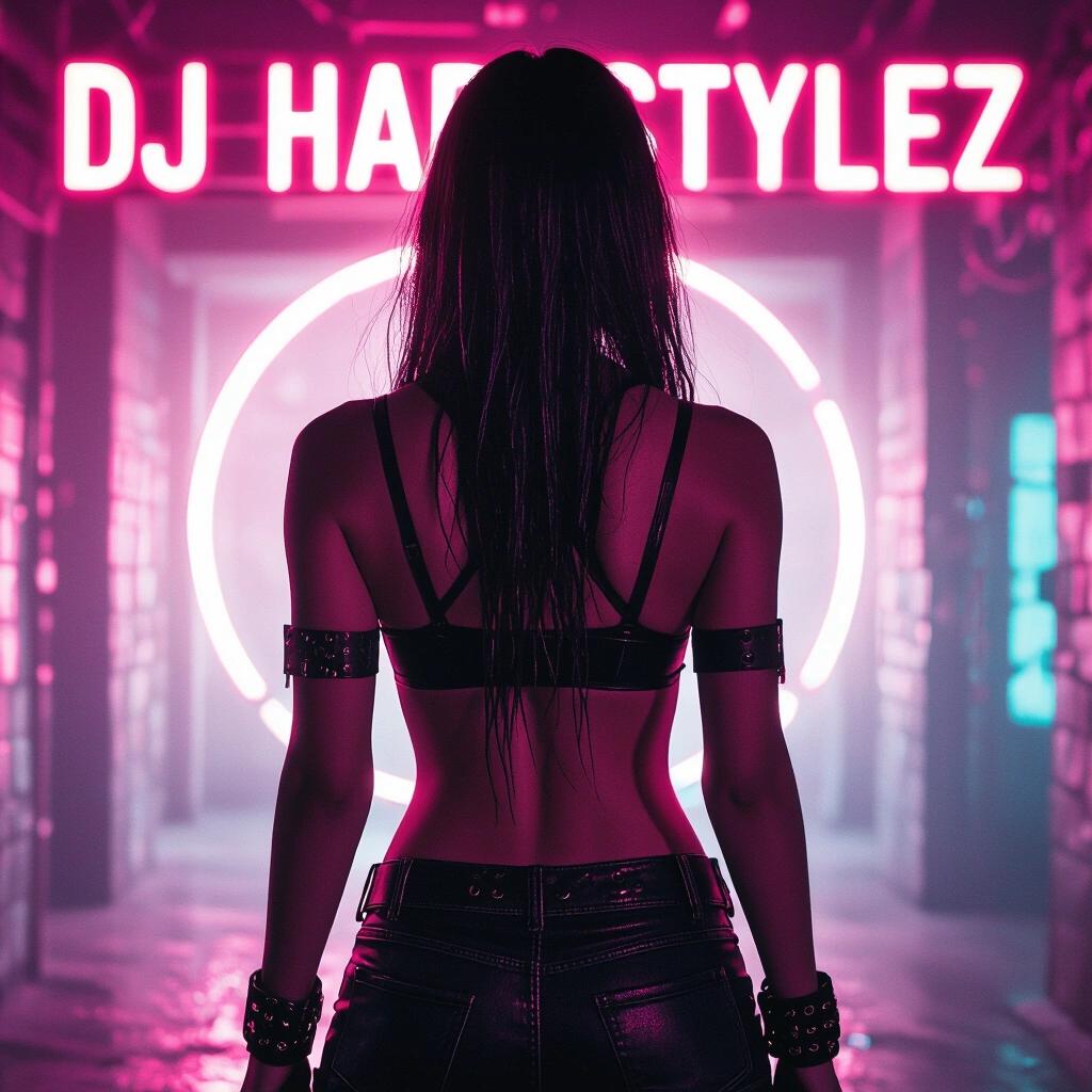 Raw photo featuring a dark neon themed artwork. A woman stands with her back to the camera, one hand behind her back. She is dressed in a stylish outfit. An album cover includes the text 'DJ Hardstylez.'