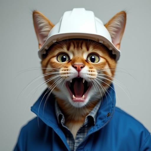 A semi-realistic cat wearing a hard hat and work jacket. Cat has a surprised expression with wide open eyes, raised eyebrows, and open mouth. Ears are up.
