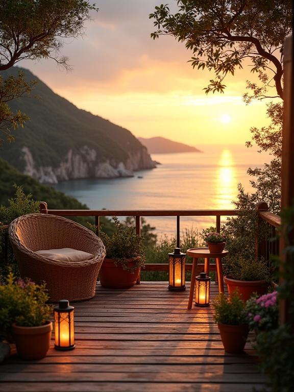 Wooden balcony with ocean view at sunset. Soft colors in sky blend from gold to blue. Calm waters reflect warm hues. Distant steep hills frame scene. Rustic wooden decking with lanterns. Rounded wicker chair and small wooden table. Potted plants add greenery. Surrounded by trees for privacy. Warm ambiance invites relaxation.