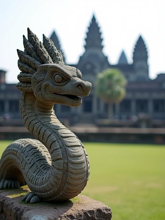 A stone naga sculpture with multiple heads is in the foreground. The background shows Angkor Wat, a large ancient temple complex with many towers. The sculpture has detailed carvings and a lifelike quality. It is weathered gray and brown stone on a railing leading to the temple. The atmosphere is serene and majestic.