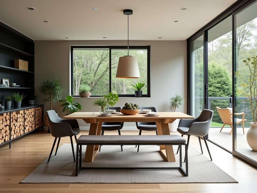 This image showcases a modern open-plan dining area. The dining table is made of light wood and is surrounded by a mix of stylish chairs, including two gray ones and a bench. The space features a contemporary lighting fixture hanging above the table, adding a cozy ambiance. To the left, there is a storage unit filled with neatly stacked logs and a shelf displaying small plants and decorative objects. Large windows allow natural light to flood the room, enhancing the clean and airy feel. The color palette consists of earthy tones, with touches of green from the plants and table settings.