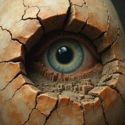 Close-up of cracked human skin. Ancient ruined city visible underneath. Hyper-realistic texture. Dual-layer illusion. Warm and earthy tones. Symbolic of forgotten memories. Surreal and detailed. Emotional depth.