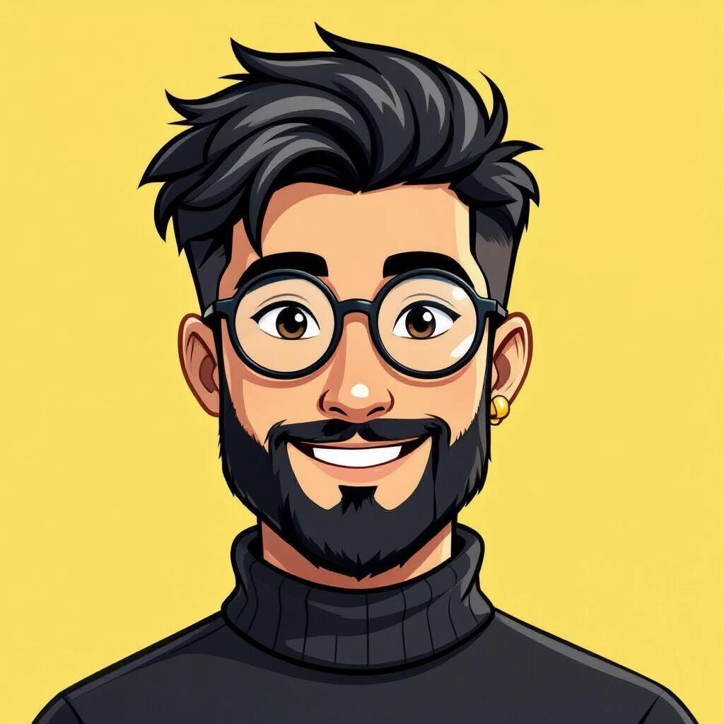 Modern colorful digital avatar features masculine-looking person short black hair neat beard wearing black glasses friendly confident expression simple black turtleneck small golden square earring bright pastel yellow background clean vibrant semi-cartoonish style bold lines soft shading polished minimalistic look.
