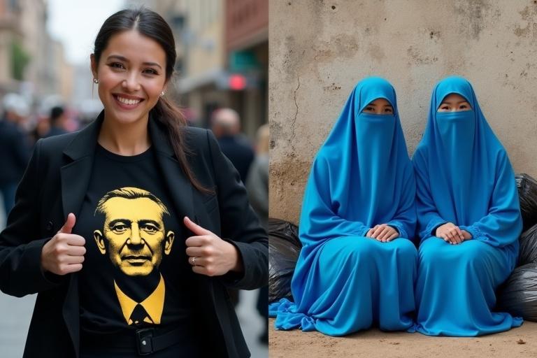 A split-screen image with contrasting depictions of women. Left side features a confident woman in stylish attire showcasing modern values with Atatürk's image. Right side shows two women in blue burqas, symbolizing traditional values and socioeconomic struggles amidst poverty.