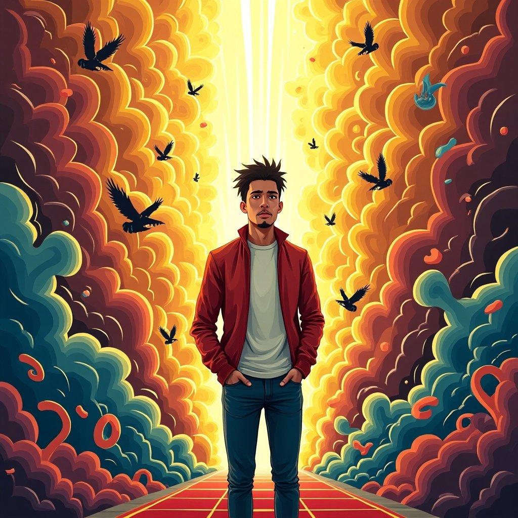 The artwork portrays a figure standing on a path surrounded by colorful clouds and birds. Bright light shines from above in a dramatic sky with a mix of colors creating an uplifting atmosphere.