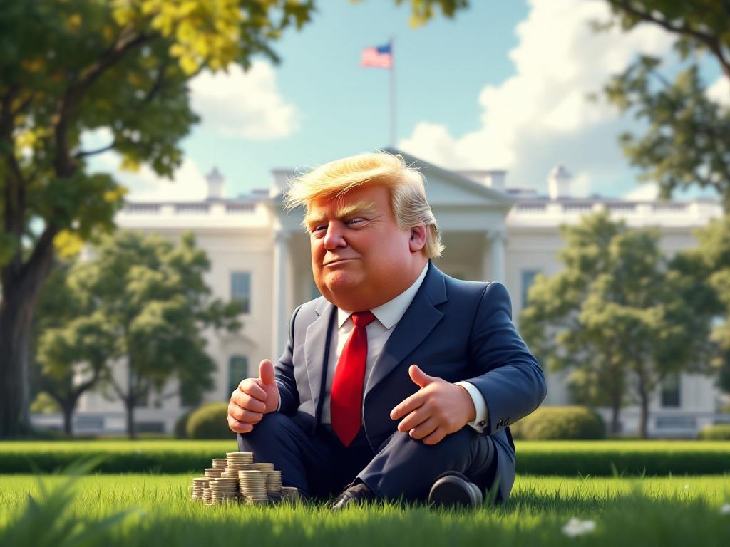 3D cartoon features a character resembling a businessman. Sitting on the lawn of a famous government building. Surrounded by coins. Selling cryptocurrency-themed memes. Artistic style inspired by Tom Troles.