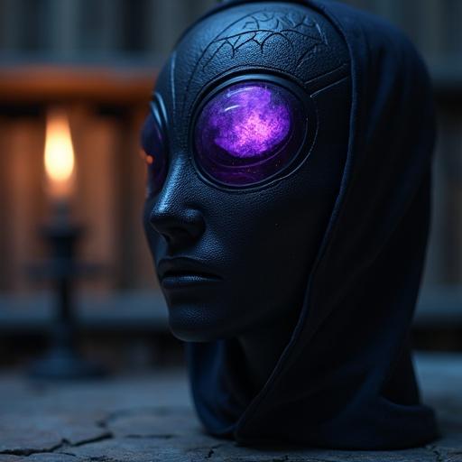 Cinematic close-up of a black ceramic half-face mask featuring geometric patterns. The mask has a glowing purple amethyst gem, surrounded by a dark study setting. A candle provides faint lighting, enhancing the eerie and mysterious atmosphere with dusty bookshelves in the background.