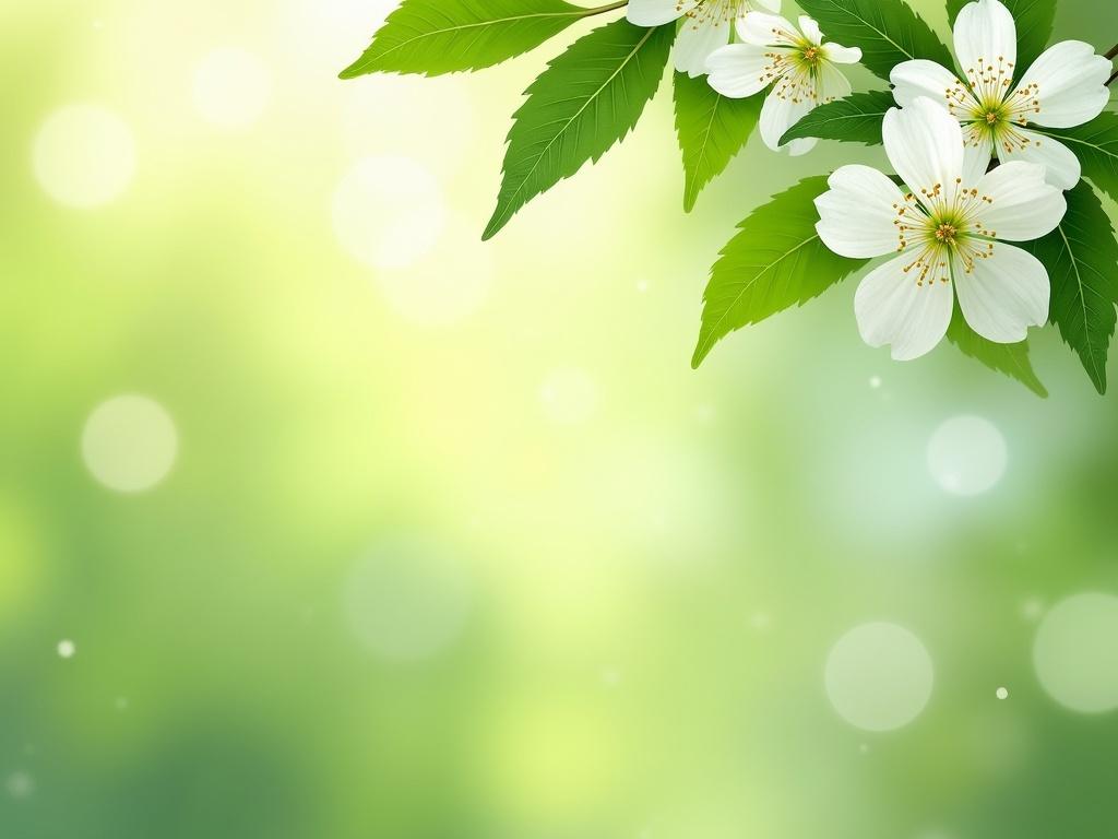 Create a beautiful spring nature blossom web banner or header featuring lively green leaves and white flowers. The background should have a vibrant, blurred space that allows for overlaying text seamlessly. Focus on the natural beauty of the blossoms while ensuring that the overall design is harmonious and inviting. The top portion of the image should contain detailed flowers, while the lower section can showcase a gentle fade to provide a smooth text area. The color scheme should evoke freshness and vitality, capturing the essence of spring.