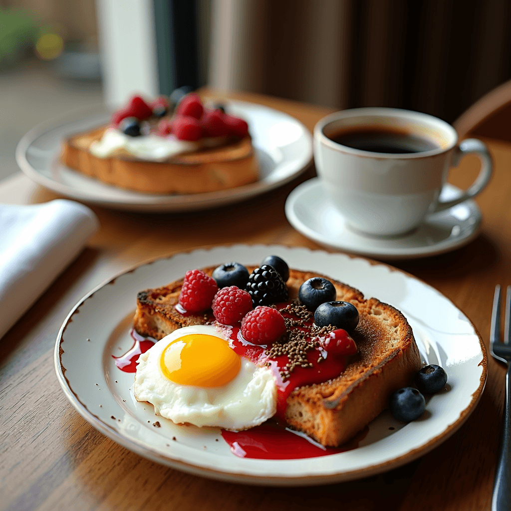 A breakfast plate with toast topped with fried egg, berries, and sauce, next to a cup of black coffee.