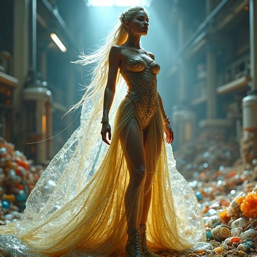 Majestic goddess made from recycled resource waste. Body crafted from translucent PET bottles and clean aluminum cans. Shimmering colors from repurposed plastics and metals. Visible recycling logos, embossed textures, and recycled fibers flowing like hair. Flowing gown from layered plastic sheets and metallic scraps. Standing in futuristic recycling center. Ultra-realistic textures with scratches and imperfections. Radiant aura from cinematic lighting. Serene expression reflecting guardian role.