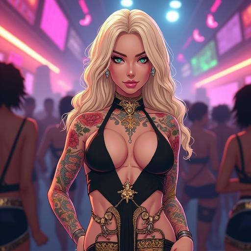 Anime character in a vibrant nightclub. Woman aged 52 with emerald green eyes. Light blonde wavy hair and pink diamond jewelry. Futuristic look. Half Japanese half Saiyan. 6'1 tall. Athletic build with visible muscles. Unique modern outfit. Surrounded by a lively crowd. Tokyo nightlife setting.