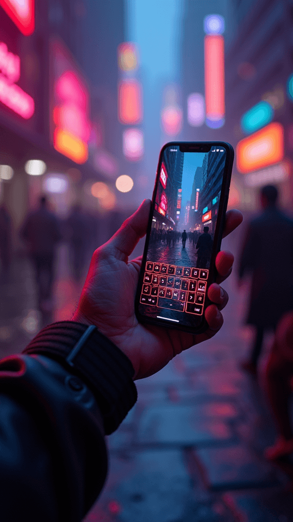 A person holds a phone capturing a neon-lit street scene on a misty evening.