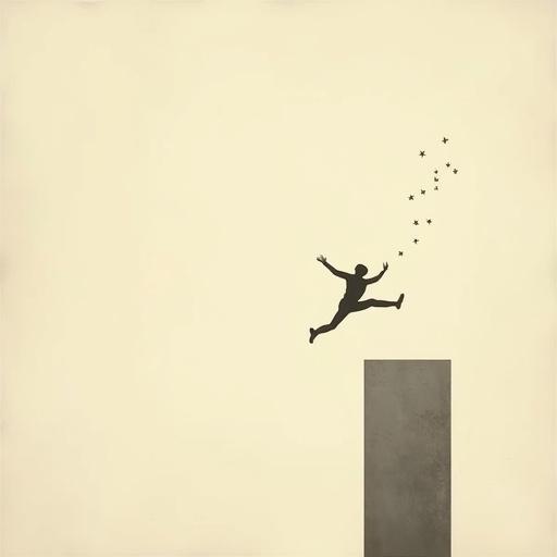 Minimalist illustration depicting a tiny human figure jumping from a building. Emphasizes surrealism, oversized objects, and a clean background with lots of negative space. Features vintage tones and a poetic modern style.