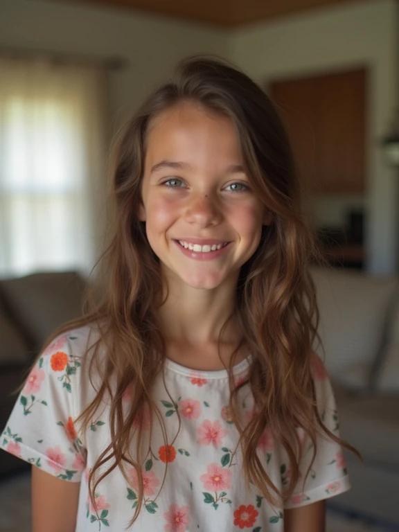 Full frame photo of a teen girl in a living room with a flirty pose. Girl has long hair, wearing a floral shirt. Photo captures a warm, casual environment with soft natural lighting.