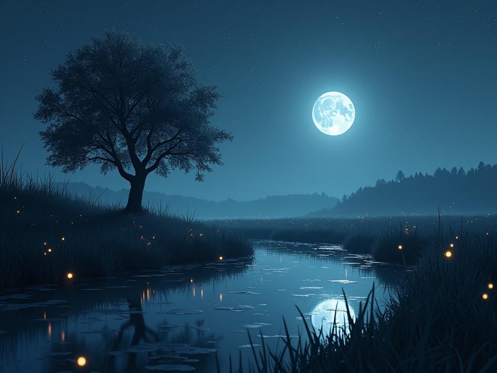 Ethereal dark grassy area with a tree lovely river with hi res reflections in the distance glowing pretty fireflies and the moon