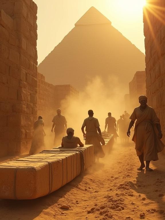 Scene representing workers engaged in moving limestone blocks at sunrise. The pyramid looms in the background with golden sunlight casting warm hues over the sandy environment. Dust swirls in the air as men laboriously push, pull, and coordinate the heavy stones. The atmosphere portrays a sense of historical authenticity and hard work.