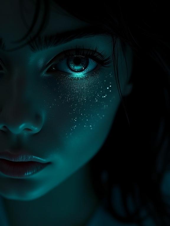 Extreme macro close up of a woman silhouette with a turquoise blue eye. Image is in shadow and black. She faces camera. Eye has turquoise blue glitch static.