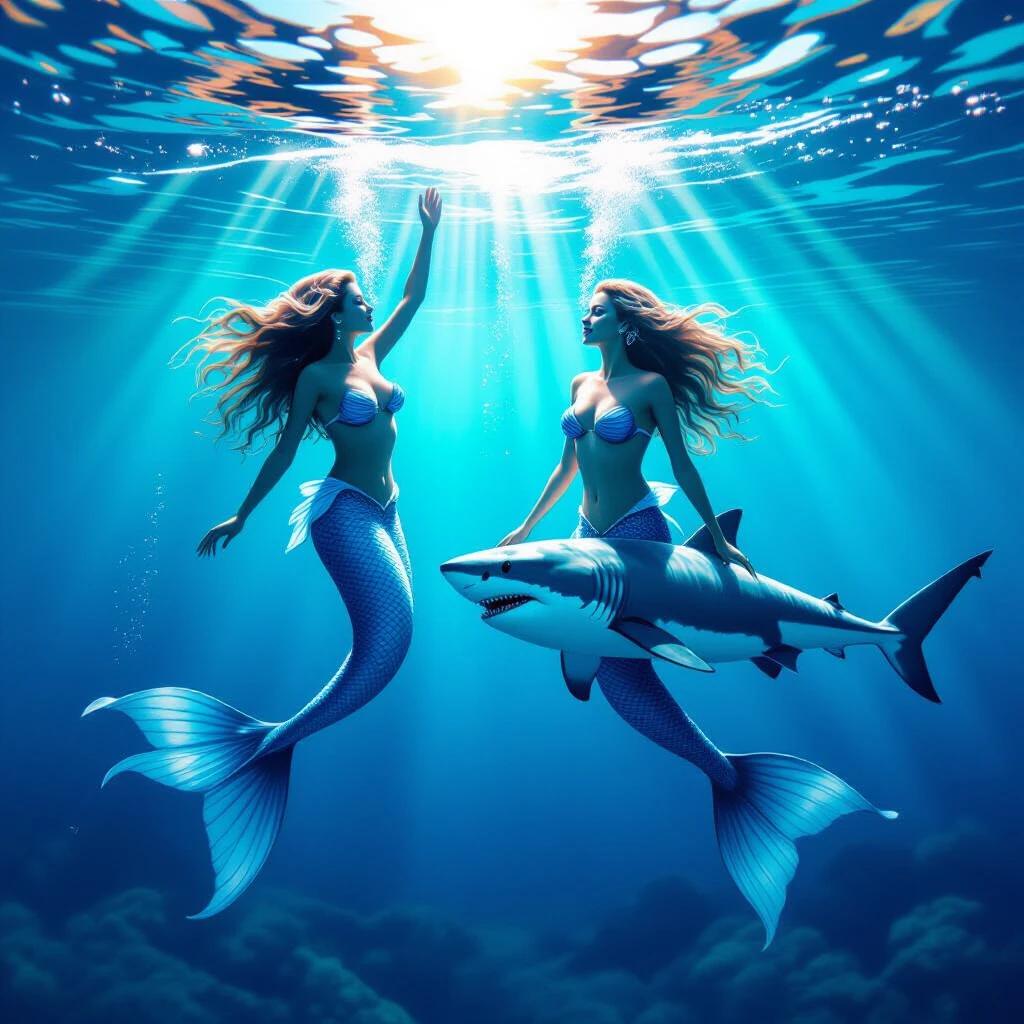 A hyperrealistic image of mermaids dancing underwater. Sunlight filters through the water's surface. A great white shark swims near them in a vivid and enchanting seascape.