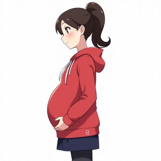 Anime-style illustration of a pregnant character. Brunette with pigtail. Wearing a red hoodie. White shirt visible underneath. Navy blue mini-skirt with leggings. Character posed in profile. White background.
