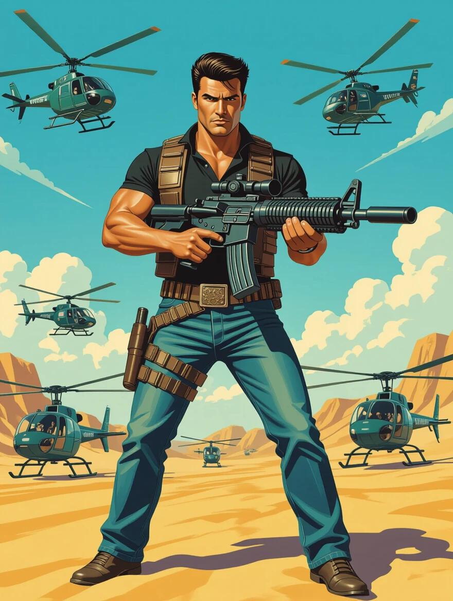 80s action movie poster featuring a hero with slicked back hair wearing a black shirt and jeans. The hero holds a large gun with helicopters in the background. HDR effect makes colors vivid.