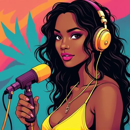 An image of a girl DJ from Trinidad in a radio station. Pop art style showcases vibrant colors and a lively atmosphere.