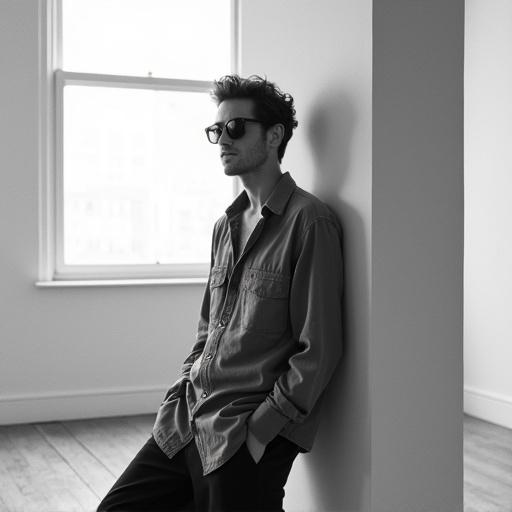 Black and white film photograph from the 1990s. Man leans against a wall in a modern art gallery. Wears loose-fitting gray shirt and dark sunglasses. Natural light from large window behind. Relaxed and contemplative pose. Minimalist gallery space.