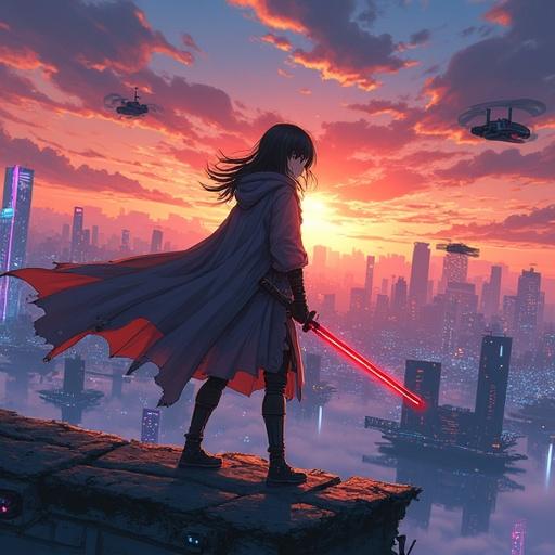 Anime-style scene of a female swordsman atop a floating city at twilight. Swordsman in a tattered cloak stands on a skybridge. Katana drawn with a glowing pattern. Hair and fabric whip in the wind. Neon-lit skyscrapers with light rail bridges in background. Sky shows vibrant colors. Hovercrafts in the distance. Character has a resolute but exhausted expression. A drop of blood on cheek. Drones hover above. Ultra-detailed environment and characters. Cinematic lighting and lens flare effects enhance intensity.