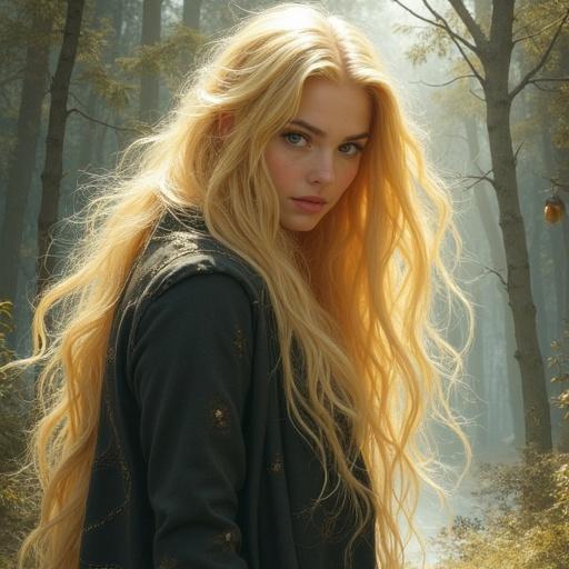 Drawing of a mage with long blonde hair in a fantasy world. A ghostly figure of a man appears behind her as if he were a twin.